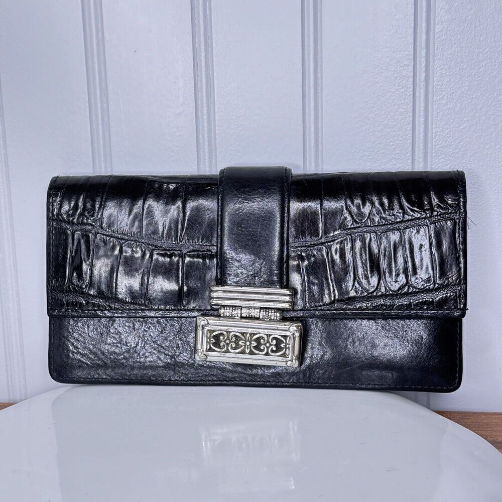 BRIGHTON Wallet Organizer Black Genuine Leather Croc Embossed Silver Accent